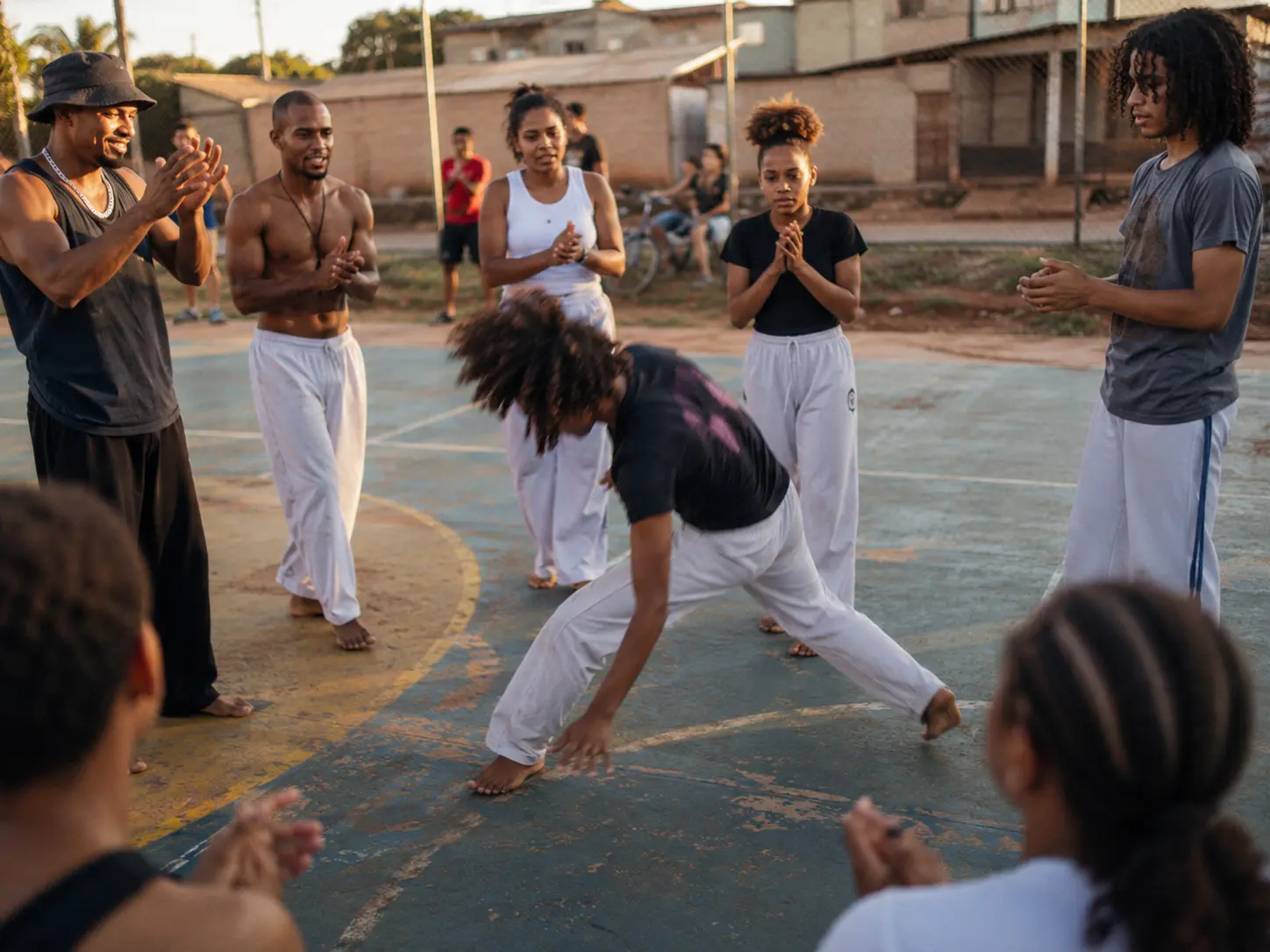 Capoeira, dança e futebol representam cultura, identidade e esporte.
