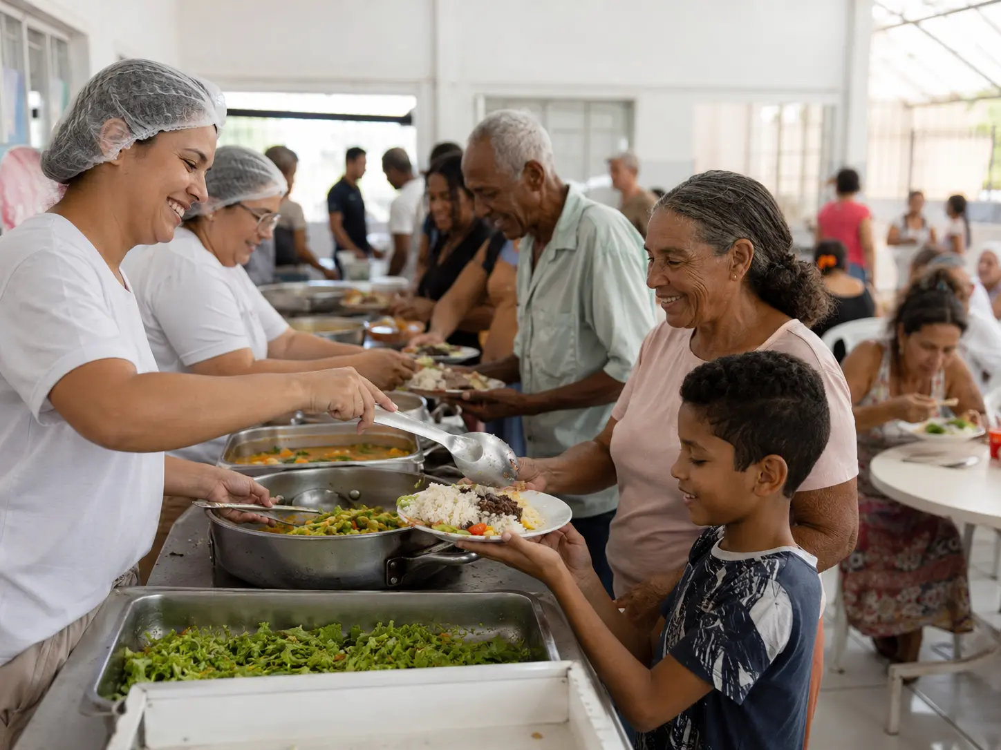 Crianças, adultos e pessoas idosas participam de uma refeição comunitária.